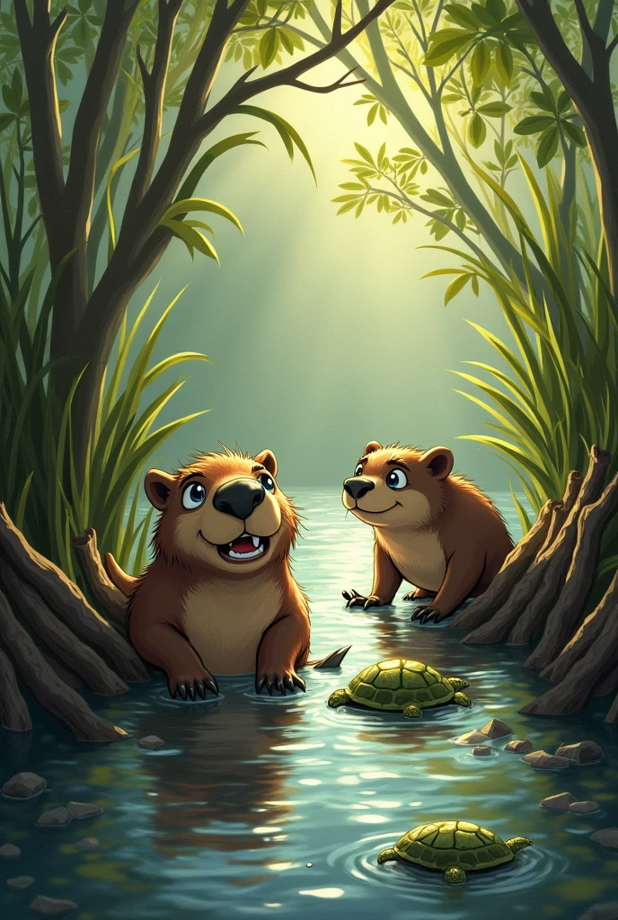 1 capybara stuck with sticks in a stream, afraid because a crocodile is stalking him, and two friends trying to help