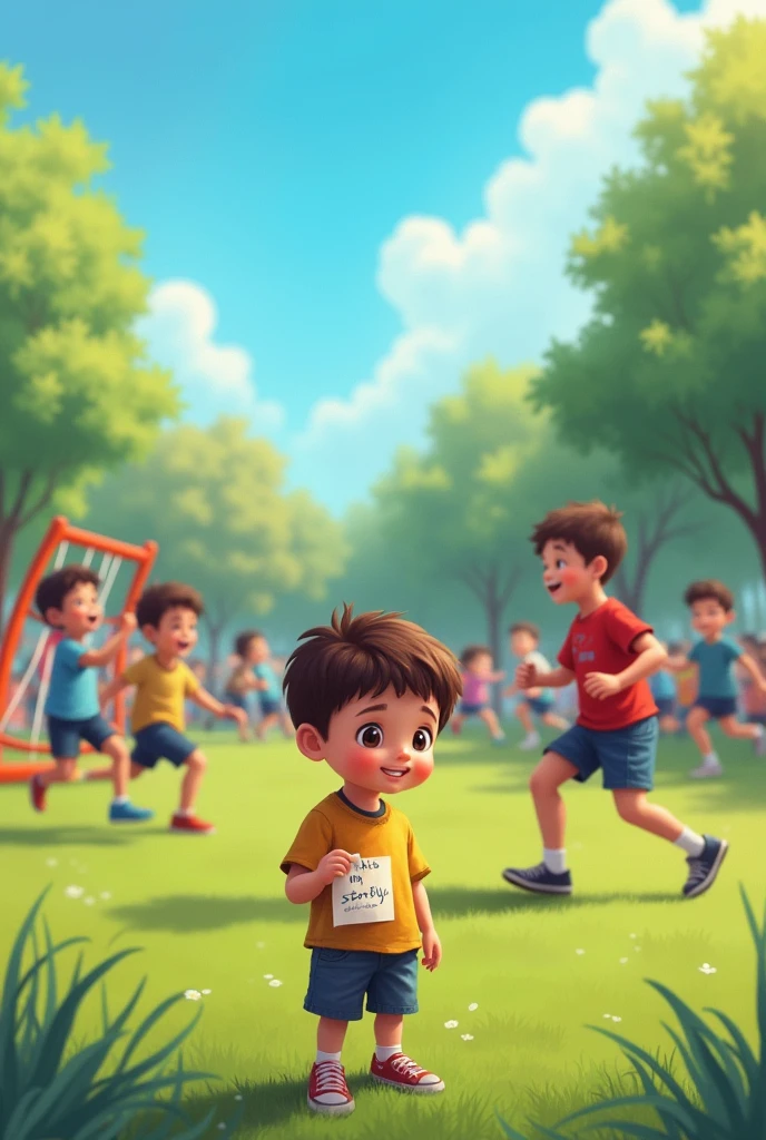 A lot of boys are playing but a small boy is watching the others boys sadly. A small note in the corner where “this is my story” is written in the note.