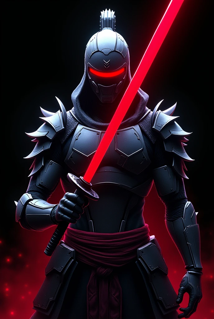 Image of a samurai with a red band covering his eyes on a black background. It is a samurai who has a sword near his neck. A large sword can only be seen from his torso up in an anime style with a futuristic mecha. His sword is red and the red bandage covers his eyes. They cover his eyes from forehead to nose. , His armor is futuristic, Video game animation style with both hands he holds his sword and with his red scarf covering his eyes from forehead to nose you can't see his eyes anime and video game style