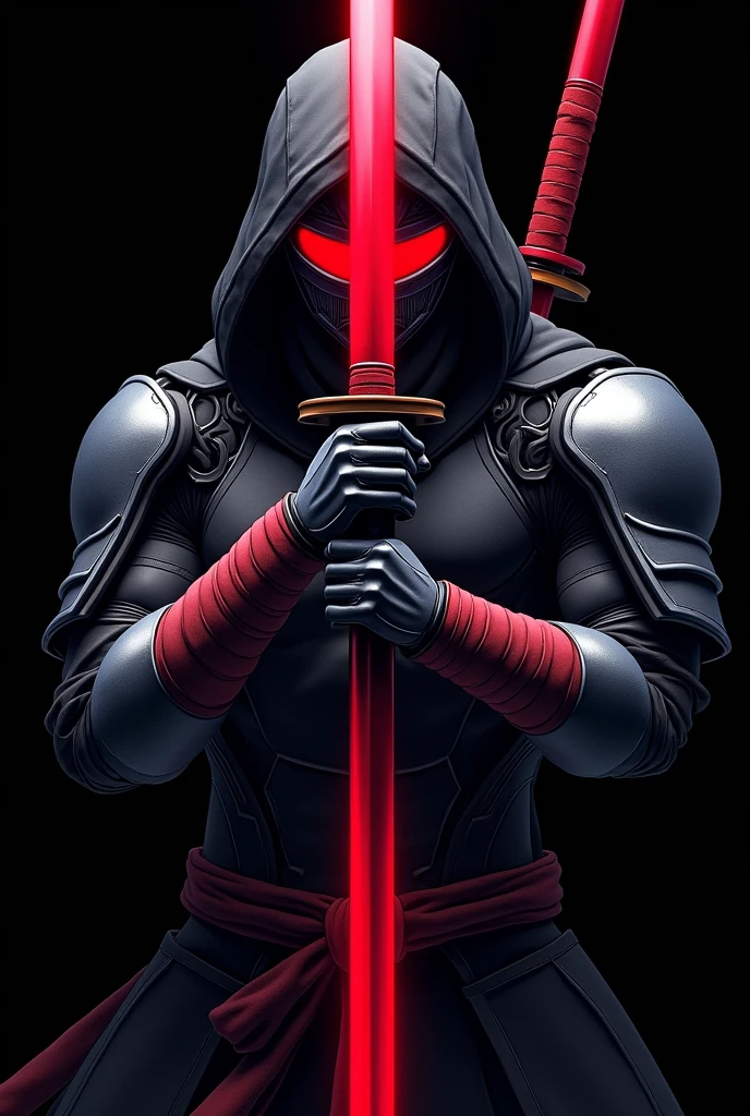 Image of a samurai with a red band covering his eyes on a black background. It is a samurai who has a sword near his neck. A large sword can only be seen from his torso up in an anime style with a futuristic mecha. His sword is red and the red bandage covers his eyes. They cover his eyes from forehead to nose. , His armor is futuristic, Video game animation style with both hands he holds his sword and with his red scarf covering his eyes from forehead to nose you can't see his eyes anime and video game style
