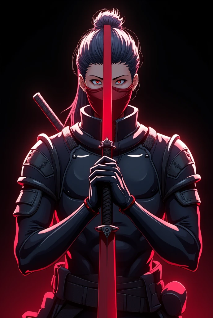 Image of a samurai with a red band covering his eyes on a black background. It is a samurai who has a sword near his neck. A large sword can only be seen from his torso up in an anime style with a futuristic mecha. His sword is red and the red bandage covers his eyes. They cover his eyes from forehead to nose. , His armor is futuristic, Video game animation style with both hands he holds his sword and with his red scarf covering his eyes from forehead to nose you can&#39;t see his eyes anime and video game style 