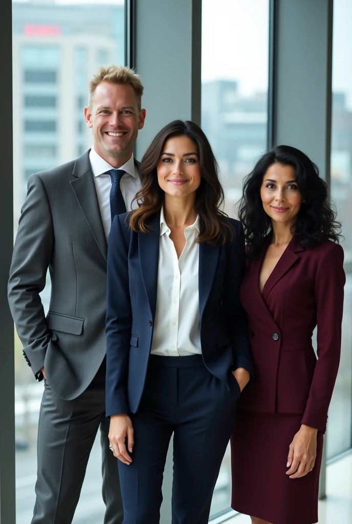 A brunette woman, slim, with medium, wavy hair posing for a photo in formal wear with two other lawyers, everyone smiling