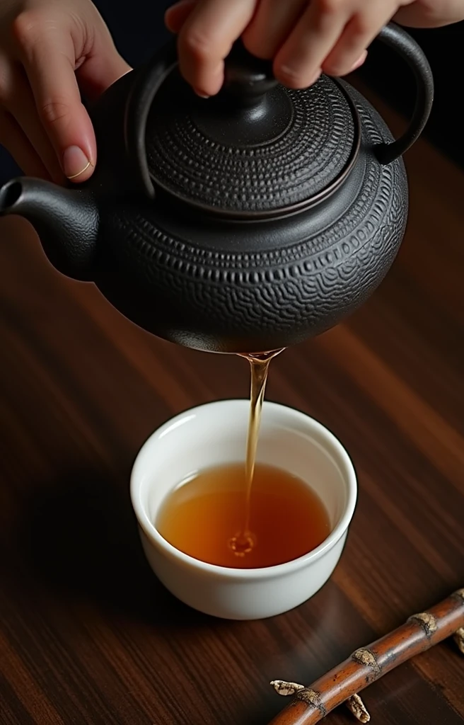 Front diagram.Close-up of pouring tea into tea cup.(anatomically correct)cast iron kettle(Detailed description of the texture of iron)teapot.Exquisite white ceramic glaze small teacup set on wooden coasters. Dark black mist gradient bokeh background.Inspired by the tea ceremony scene, cozy atmosphere, Zen and calm, A taste of serenity and zen, Warm and respectful atmosphere, Comfortable environment, Just relax, feeling of happiness, Afternoon light and shadow.high quality. High style.Zen style bamboo branches and leaves background（best quality）（intricate details）(leave a big blank)Minimalism, romanticism, Chiaroscuro, outer boundary, Ultra high quality, masterpiece, , Super detailed, best quality.Nice photos