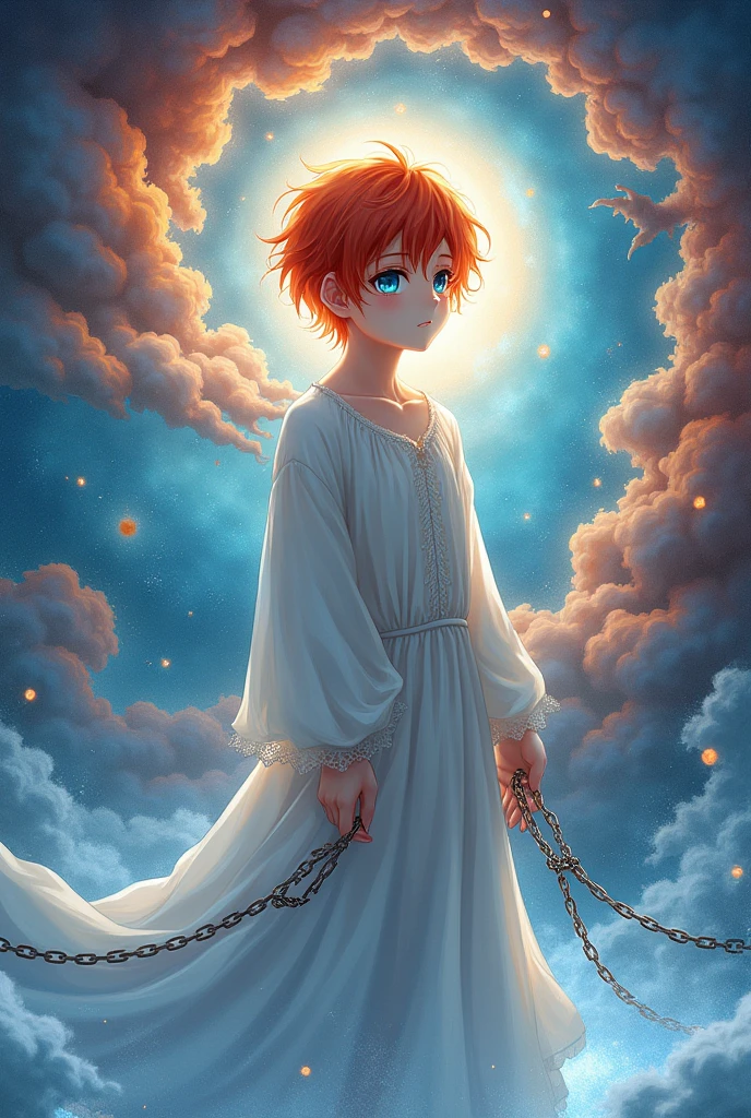 Realistic, (Masterpiece, Top Quality, Best Quality, Official Art, Beautiful and Aesthetic: 1.2), Very Detailed, Fractal Art, Colorful,  anime BOY red orange hair icy blue eyes in white night gown both hands in chains  pale skin pretty 
