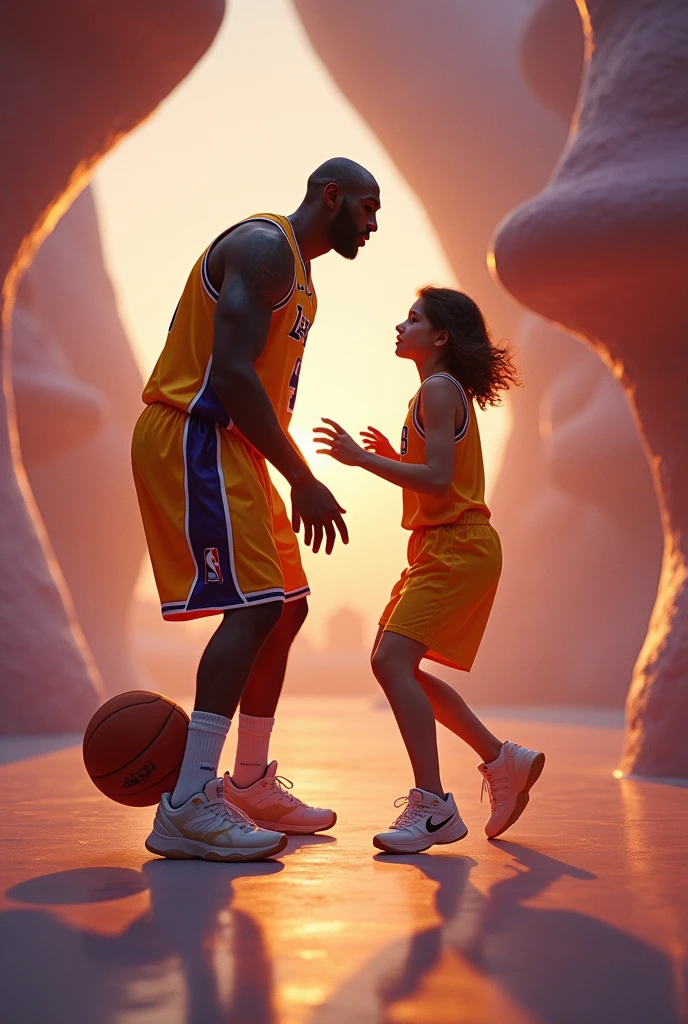 Create an image where this Kobe Bryant is playing with a 15 year old girl, with short shoulder-length hair and brown eyes, white skin that measures 1.57cm, also that it has to do with music, the violin , art and mathematics and dedication
