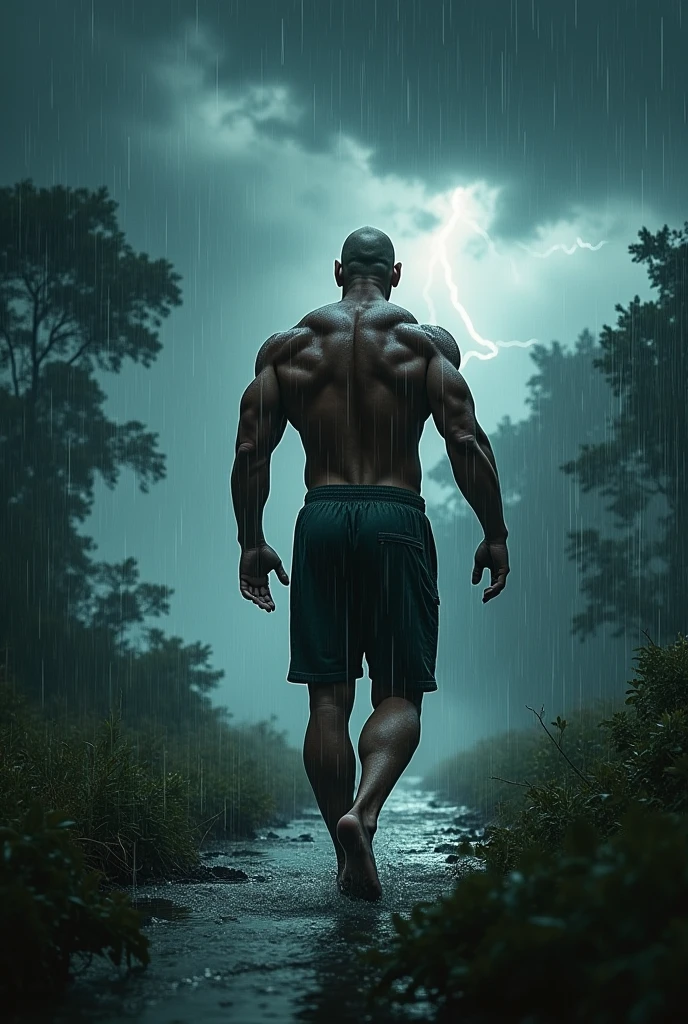 Generates a very strong fat bald endomorph man walking in a storm walking backwards with no shirt on