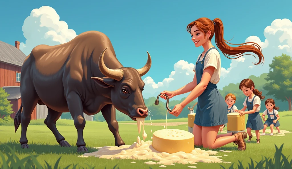 realistic, detailed skin, photo, CINEMATIC, PHOTOREALISTIC, cow horns,3 futanari, milking, huge testicle, bucket, stall, REALISTIC, high quality, 4K, twintails, brown hair, SLENDER BODY, working on the farm, flaccid penis, cowskin, written on sign" milk ", milk cartoons