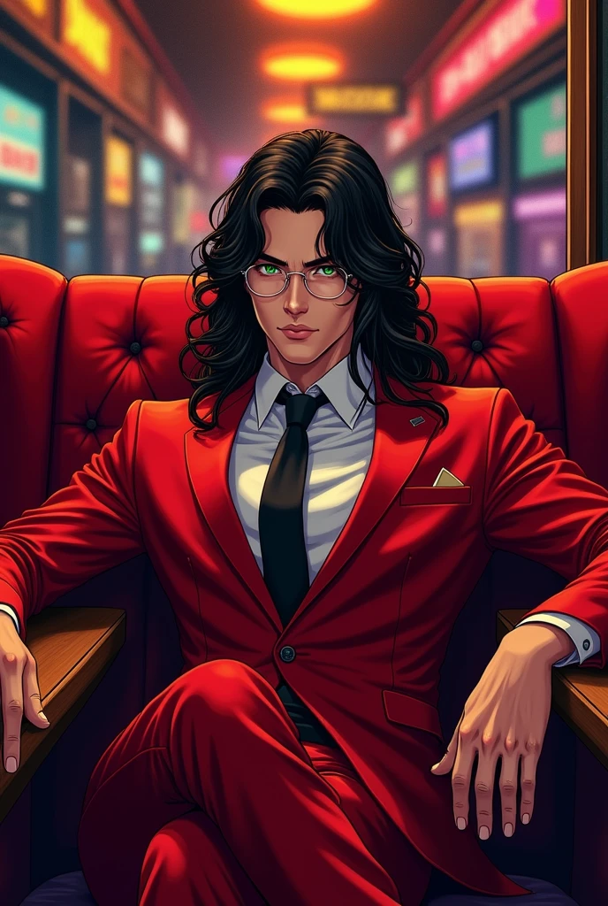 (Manhwa:3.2) Manhwa Cover, Japanese Text Meaning Royal Enterprise, Man, Black Long Hair, Green Eyes, Handsome Face, Rimless Glasses, Red Suit, Black Tie, Feet Kicked Up on club table, sitting in red club booth, underground club, 