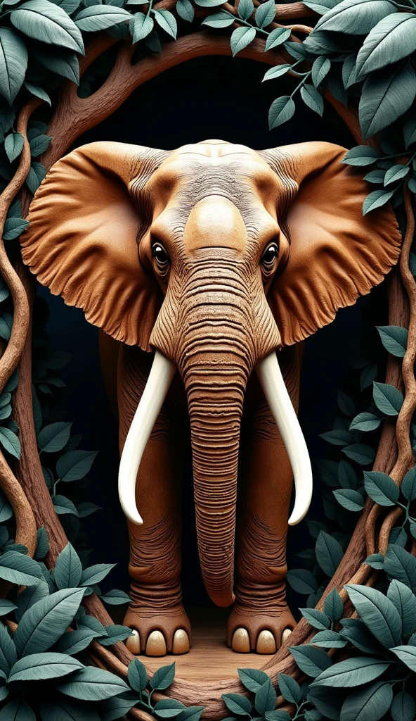 A full background image of a majestic elephant walking through dense jungle foliage in a wood carving style. The elephant silhouette is carved from rich mahogany wood, showing the roughness of the elephant's skin. The image must use black and white wood material, from deep walnut to lighter teak, adding contrast to the image. The wood block style should have a rustic charm and the surrounding jungle should be full of leaves., trees and vines.