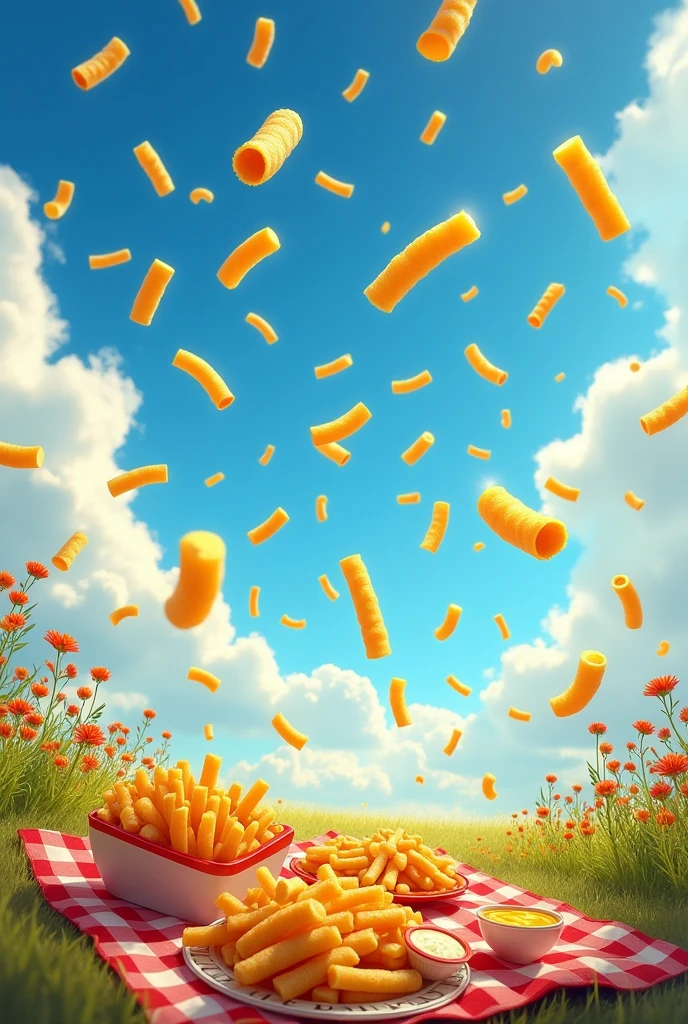 A lot of fries are flying in the sky。