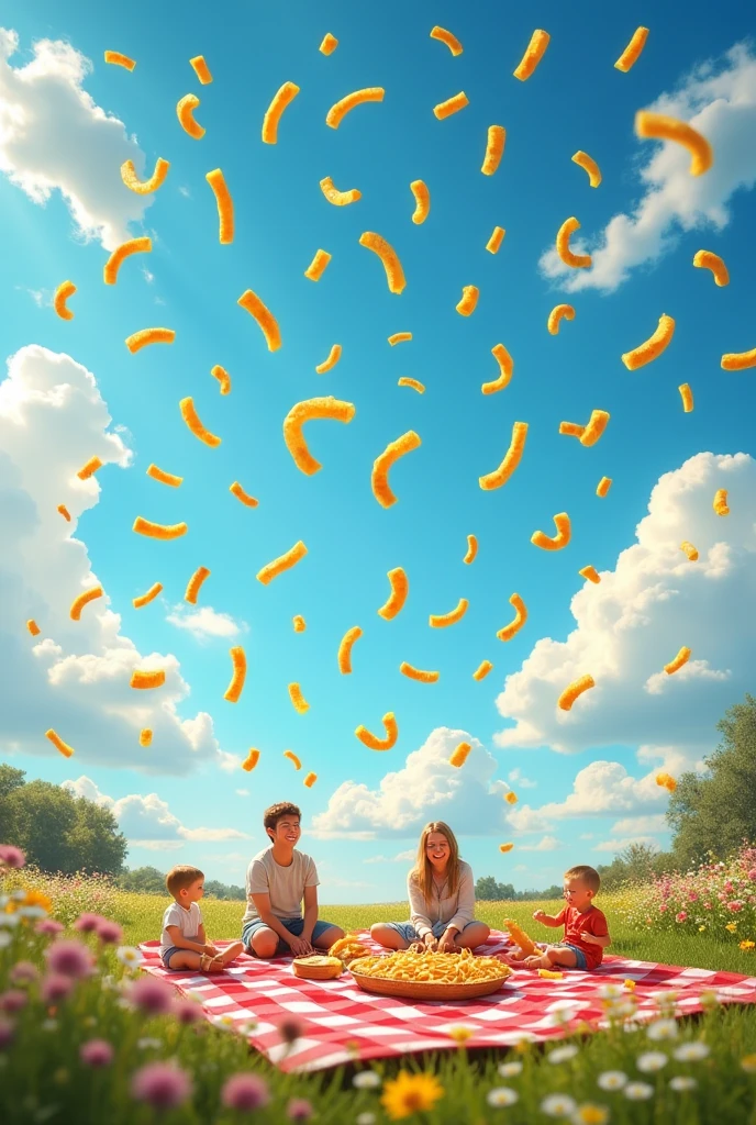 A lot of fries are flying in the sky。