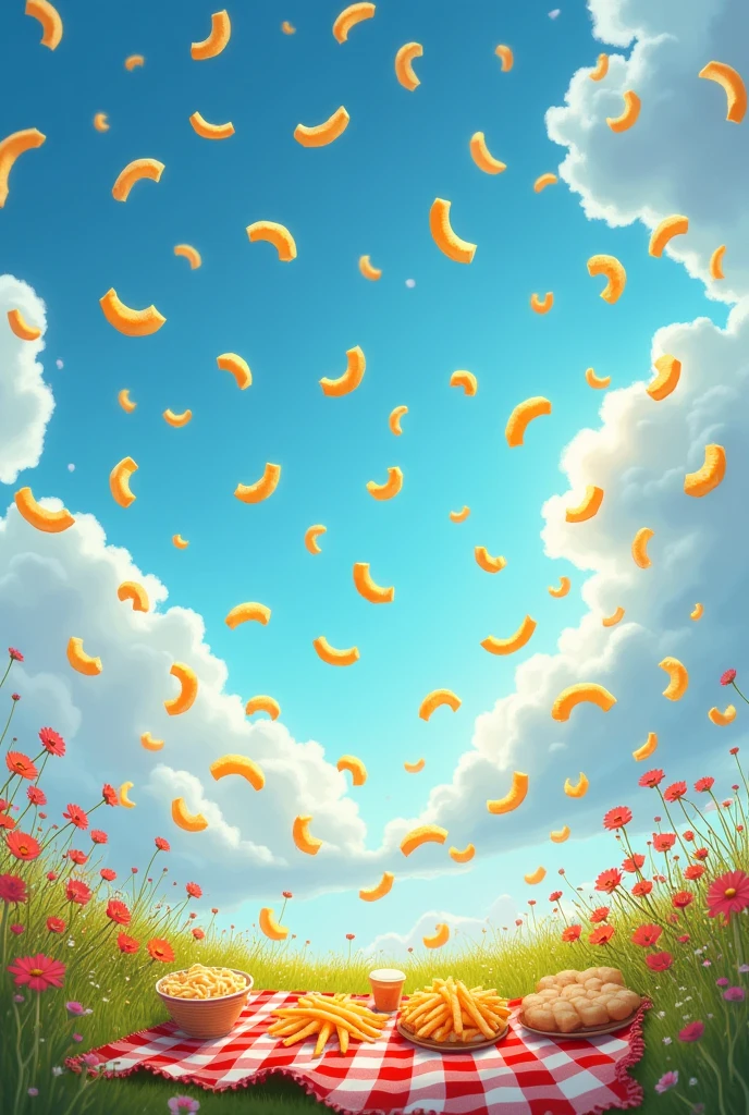 A lot of fries are flying in the sky。