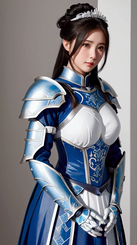 A woman in blue armor and white，Beautiful details，Best quality，panoramic
