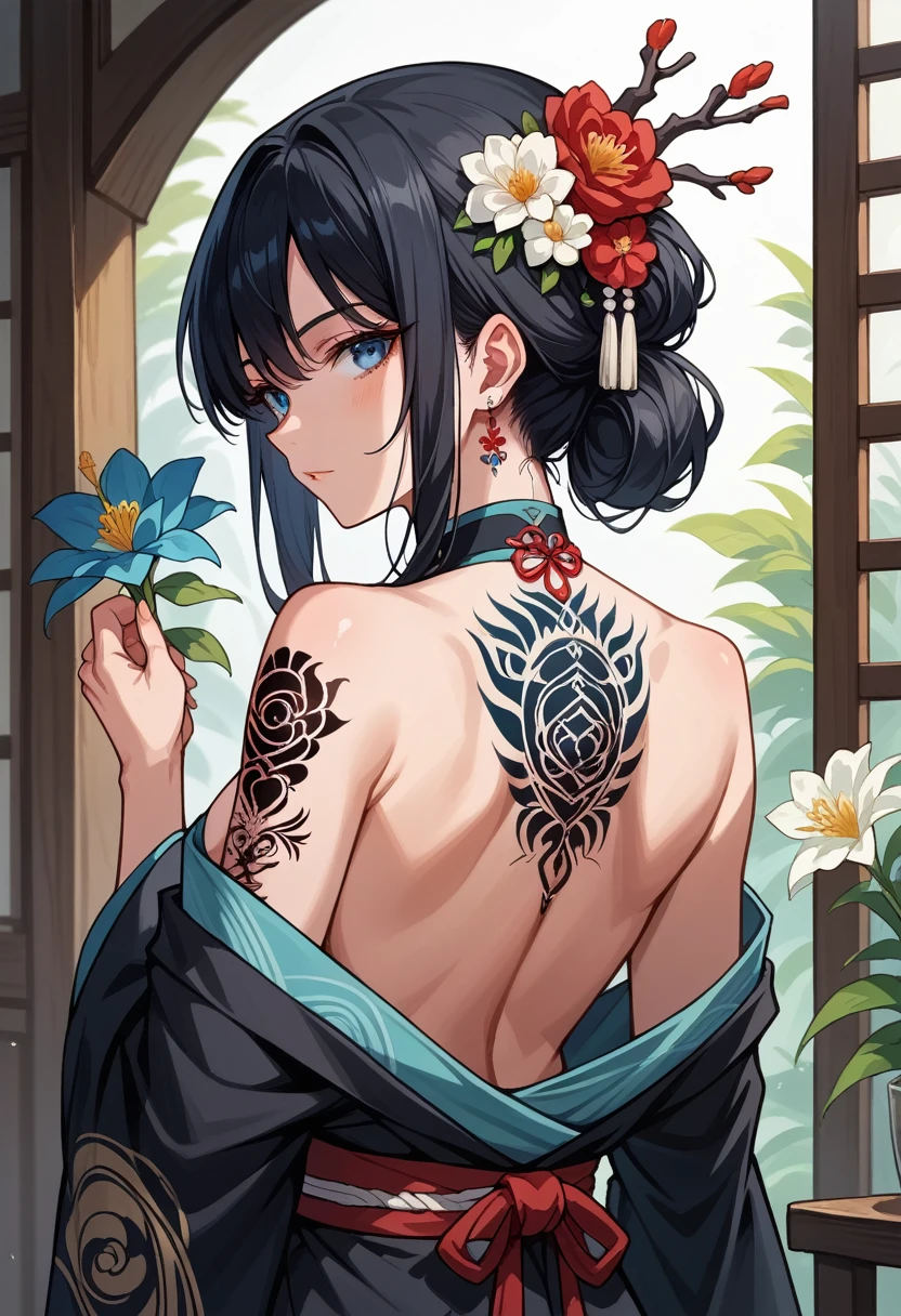masterpiece, top quality, Best quality, official art, beautiful and aesthetically pleasing:1.2),1 girl, tattoo, One, japanese clothing, red and black kimono, hair ornament, unshelling, black hair, shell, back tattoo, dragon tattoo, Blue eyes, from the shoulder, bare shoulders, looking back, Behind, flower, I look at the viewer, holding, draw up, Open,