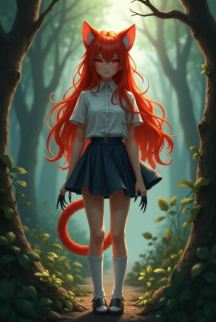 Lyra Appearance:
hair: Red and long.
eyes: Felines, often covered or shaded by their hair.
Beast Features: Retractable claws and fangs.
CLOTHES (Human faction): mini skirt, white short sleeve button down shirt, socks and slippers, Schoolgirl style with touches of dressed girl.
Alternates between primitive nature and civilized behavior Soulslike video game style l