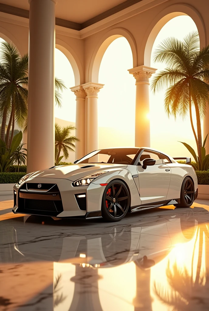 A stunning, high-quality render of a pearl white Nissan GT-R, showcased in a luxurious room with floor-to-ceiling windows. The car's sleek, wide-body design and chrome highlights are accentuated by the vibrant sunlight, which streams in and creates a golden hue. The reflections on the windows and floor mimic the car's polished surface, while lush plants and palm trees create an opulent atmosphere. The front, low-angle shot captures the car's luxurious lifestyle appeal in a cinematic and visually captivating manner., photo, 3d render, cinematic, vibrant