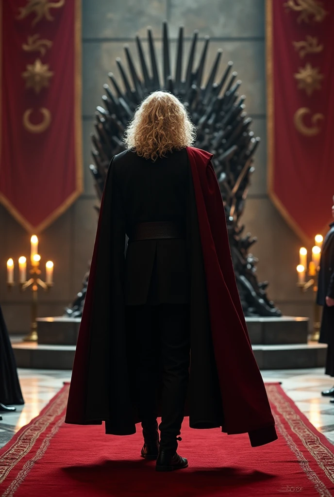 A handsome Aesthetic Targaryen Prince with long curly platinum blonde hair, he's wearing a royal black Cotton hard Prince Costume with Dark Red cloak on his right back shoulder, He's walking to Iron throne on a large throne room, Targaryen banners on wall