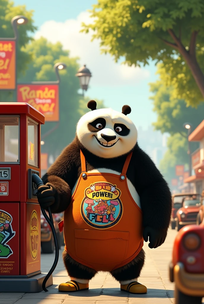 Kun fu panda selling gasoline at a pump 