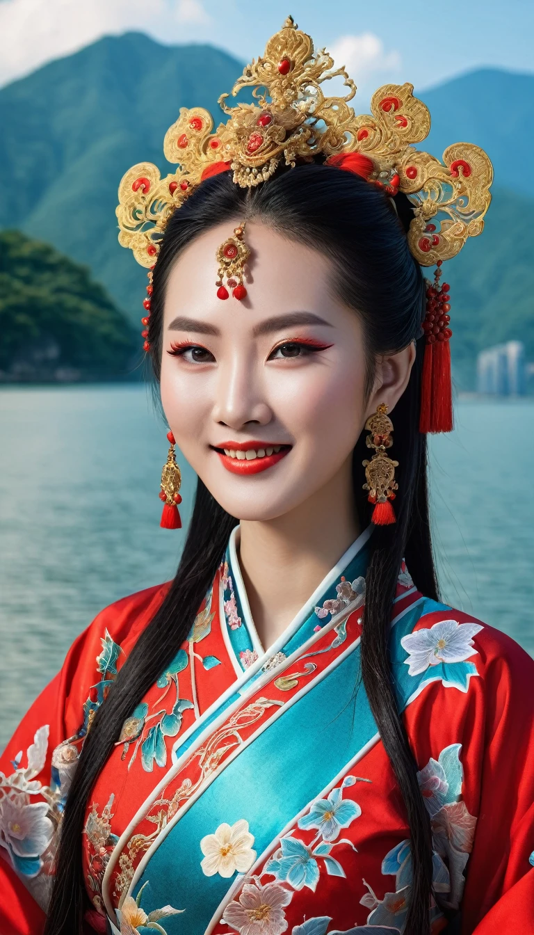 Character Dong Phuong Bat Bai, work Tieu Ngao Giang Ho by Kim Dung, China, ancient swordplay film. An extremely beautiful girl, long hair, white skin, very beautiful makeup, hair with exquisite accessories, wearing red ancient Chinese costume embroidered with colorful brocade, holding a short knife and needle, wearing expensive jewelry, smiling mouth, using high-end cosmetics. The background has blue sky, white clouds, beautiful flowers, majestic mountains, vast lake. The photo exudes gentleness, charm, eyes looking straight into the lens. Hong Kong cinema style. Cinematic light, high detail, 8K, artstation, conceptual art, dark fantasy. Photo taken with Canon EOS R5 85mm f/11 camera, ((sharp)) mode of people and surroundings. Photo quality ((8K)), ((realistic)), ((masterpiece)), ((sharpest and highest contrast)), ((amazing depth of field)), ((stereoscopic light)), ((angry, ferocious)), detailed pores, ((Direct light on the face)), bright sunlight.