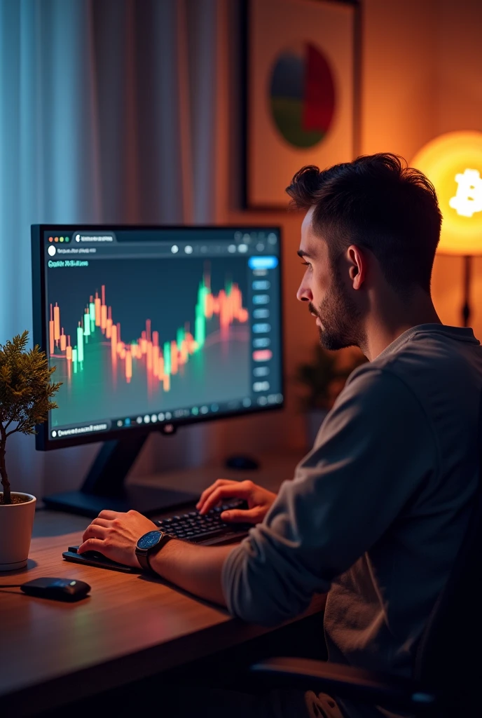 create an image of an adult in his 40s sitting in the bedroom in the gamer setup, looking at the bitcoin chart, place a small bonsai on the table, and a lamp with the bitcoin logo, the image is kind of sideways ,a little back, almost backwards, o rapaz é branco com cabelo crisp castanho escuro o cabelo é raspado bem curto, put your hair in a curler, crisp, gradient effect
