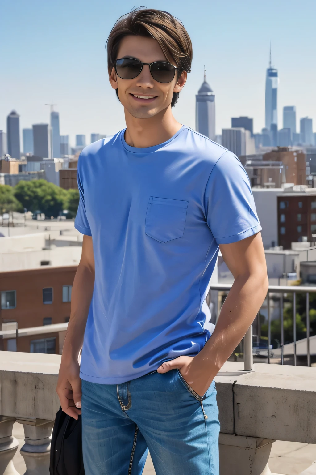 Age 25々Cool guy、What it's like to be a model、Chic and casual clothing、Delicate face、good looking、I am brunette、Brown eyes、Daytime on a sunny day、Cool standing figure、The scenery in the background is a cityscape、Live-action shooting style、high quality 8k、Bright smile、Like a model、One Man、