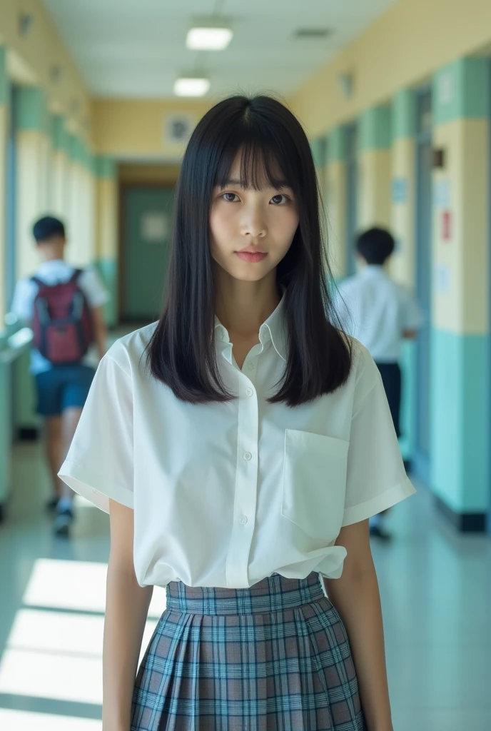 Japanese high school girl with straight black hair。

The uniform is a white shirt, giving it a realistic, photo-like feel.。
The skirt is checkered in light blue, navy blue, and gray.。
Her skirt is above the knees, her hair is waist-length, her bangs are neatly trimmed and cover her eyebrows, she has a troubled look on her face, she looks like a member of Nogizaka46, she is seen from the right diagonal, her height is 180cm。
The picture is like a photograph, with both of their faces visible, standing next to a model-like man&#39;s younger brother.