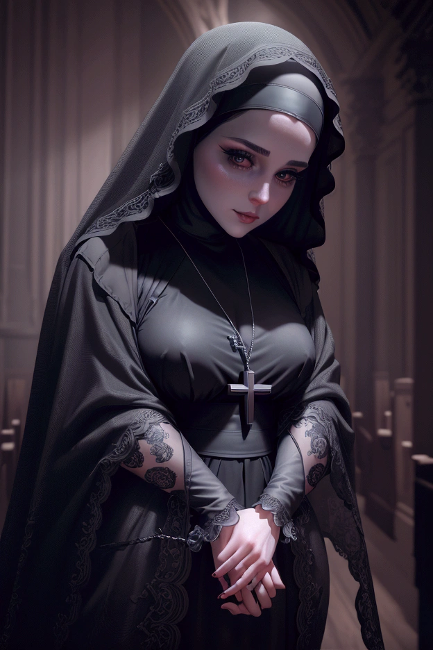 a sexy nun, detailed face, long eyelashes, beautiful lips, nun outfit, veil, cross necklace, standing in a dark church interior, dramatic lighting, cinematic composition, dark moody colors, gothic atmosphere, (best quality,4k,8k,highres,masterpiece:1.2),ultra-detailed,(realistic,photorealistic,photo-realistic:1.37)