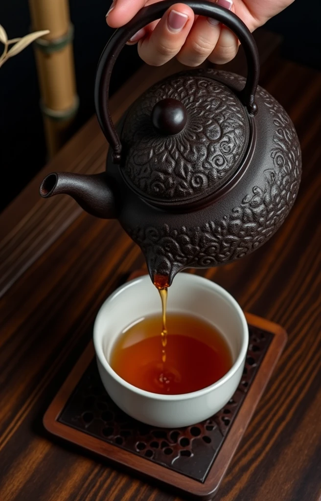 Front diagram.Close-up of pouring tea into tea cup.(anatomically correct)cast iron kettle(Detailed description of the texture of iron)teapot.Exquisite white ceramic glaze small teacup set on wooden coasters. Dark black mist gradient bokeh background.Inspired by the tea ceremony scene, cozy atmosphere, Zen and calm, A taste of serenity and zen, Warm and respectful atmosphere, Comfortable environment, Just relax, feeling of happiness, Afternoon light and shadow.high quality. High style.Zen style bamboo branches and leaves background（best quality）（intricate details）(leave a big blank)Minimalism, romanticism, Chiaroscuro, outer boundary, Ultra high quality, masterpiece, , Super detailed, best quality.Nice photos