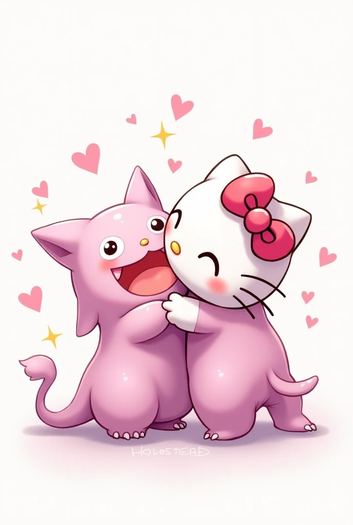 Gengar and hello kitty, pink iconic character, couple, Kiss, 2D, drawing , withe fond
