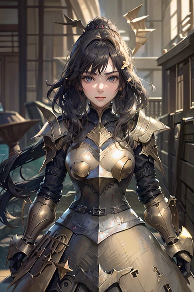 A beautiful girl in armor standing on a path near a lake, hxarmour, 1 girl, armour, (black armour:1.3), mountain, walking, big rounds breasts, intimidating look, glossy lips, dark brown hair, long bangs, long hair, ponytail, wavy hair, expressive hair, shiny hair, hairclip, glowing eyes, pupils sparkling, earrings, fangs, serious, red lips, aqua eyes, high detail, anime, Carl Larsson, anime style, depth of field, cinematic lighting, dithering, image fill, wide shot, perspective, panorama, Wide-Angle, f/1.8, 85mm, Nikon, UHD, retina, masterpiece, accurate, anatomically correct, textured skin, high details, best quality, highres, 16k