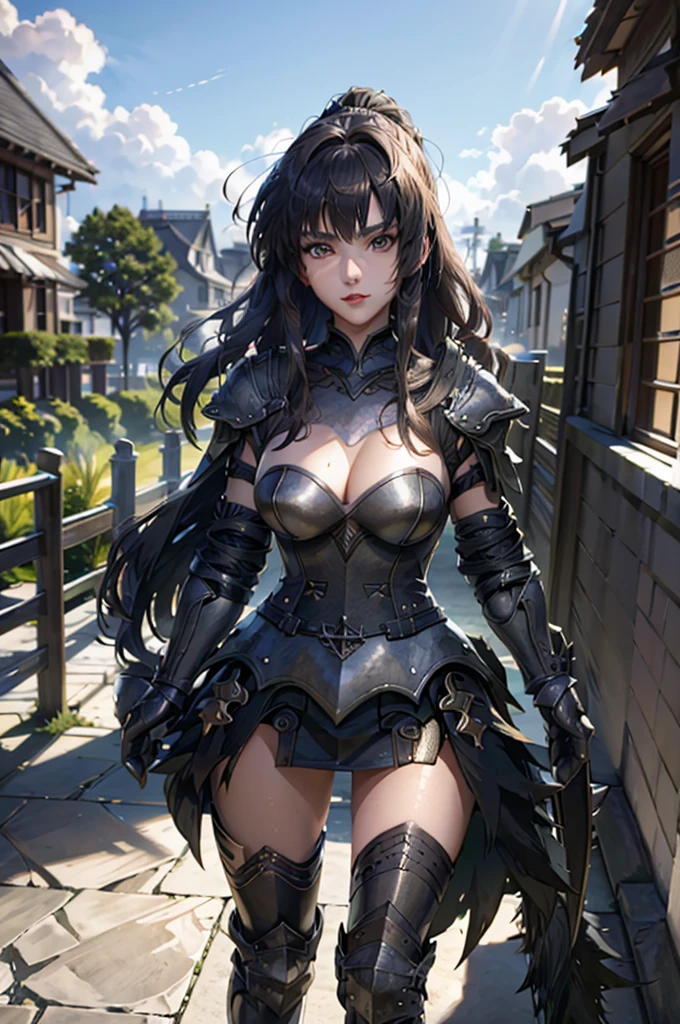 A beautiful girl in armor standing on a path near a lake, hxarmour, 1 girl, armour, (black armour:1.3), mountain, walking, big rounds breasts, intimidating look, glossy lips, dark brown hair, long bangs, long hair, ponytail, wavy hair, expressive hair, shiny hair, hairclip, glowing eyes, pupils sparkling, earrings, fangs, serious, red lips, aqua eyes, high detail, anime, Carl Larsson, anime style, depth of field, cinematic lighting, dithering, image fill, wide shot, perspective, panorama, Wide-Angle, f/1.8, 85mm, Nikon, UHD, retina, masterpiece, accurate, anatomically correct, textured skin, high details, best quality, highres, 16k