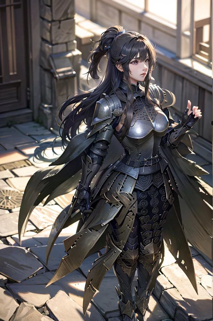 A beautiful girl in armor standing on a path near a lake, hxarmour, 1 girl, armour, (black armour:1.3), mountain, walking, big rounds breasts, intimidating look, glossy lips, dark brown hair, long bangs, long hair, ponytail, wavy hair, expressive hair, shiny hair, hairclip, glowing eyes, pupils sparkling, earrings, fangs, serious, red lips, aqua eyes, high detail, anime, Carl Larsson, anime style, depth of field, cinematic lighting, dithering, image fill, wide shot, perspective, panorama, Wide-Angle, f/1.8, 85mm, Nikon, UHD, retina, masterpiece, accurate, anatomically correct, textured skin, high details, best quality, highres, 16k