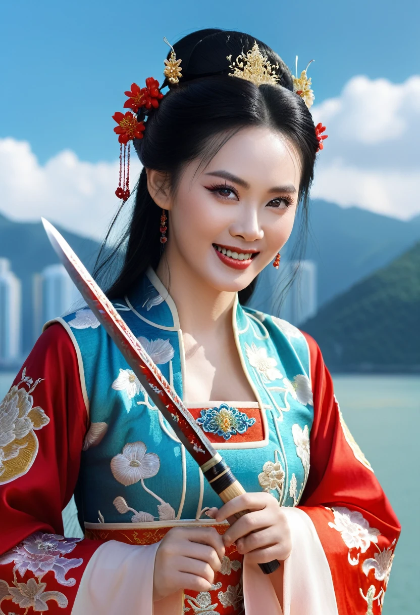 Character Dong Phuong Bat Bai, work Tieu Ngao Giang Ho by Kim Dung, China, ancient swordplay film. An extremely beautiful girl, long hair, white skin, very beautiful makeup, hair with exquisite accessories, wearing red ancient Chinese costume embroidered with colorful brocade, holding a short knife and needle, wearing expensive jewelry, smiling mouth, using high-end cosmetics. The background has blue sky, white clouds, beautiful flowers, majestic mountains, vast lake. The photo exudes gentleness, charm, eyes looking straight into the lens. Hong Kong cinema style. Cinematic light, high detail, 8K, artstation, conceptual art, dark fantasy. Photo taken with Canon EOS R5 85mm f/11 camera, ((sharp)) mode of people and surroundings. Photo quality ((8K)), ((realistic)), ((masterpiece)), ((sharpest and highest contrast)), ((amazing depth of field)), ((stereoscopic light)), ((angry, ferocious)), detailed pores, ((Direct light on the face)), bright sunlight.