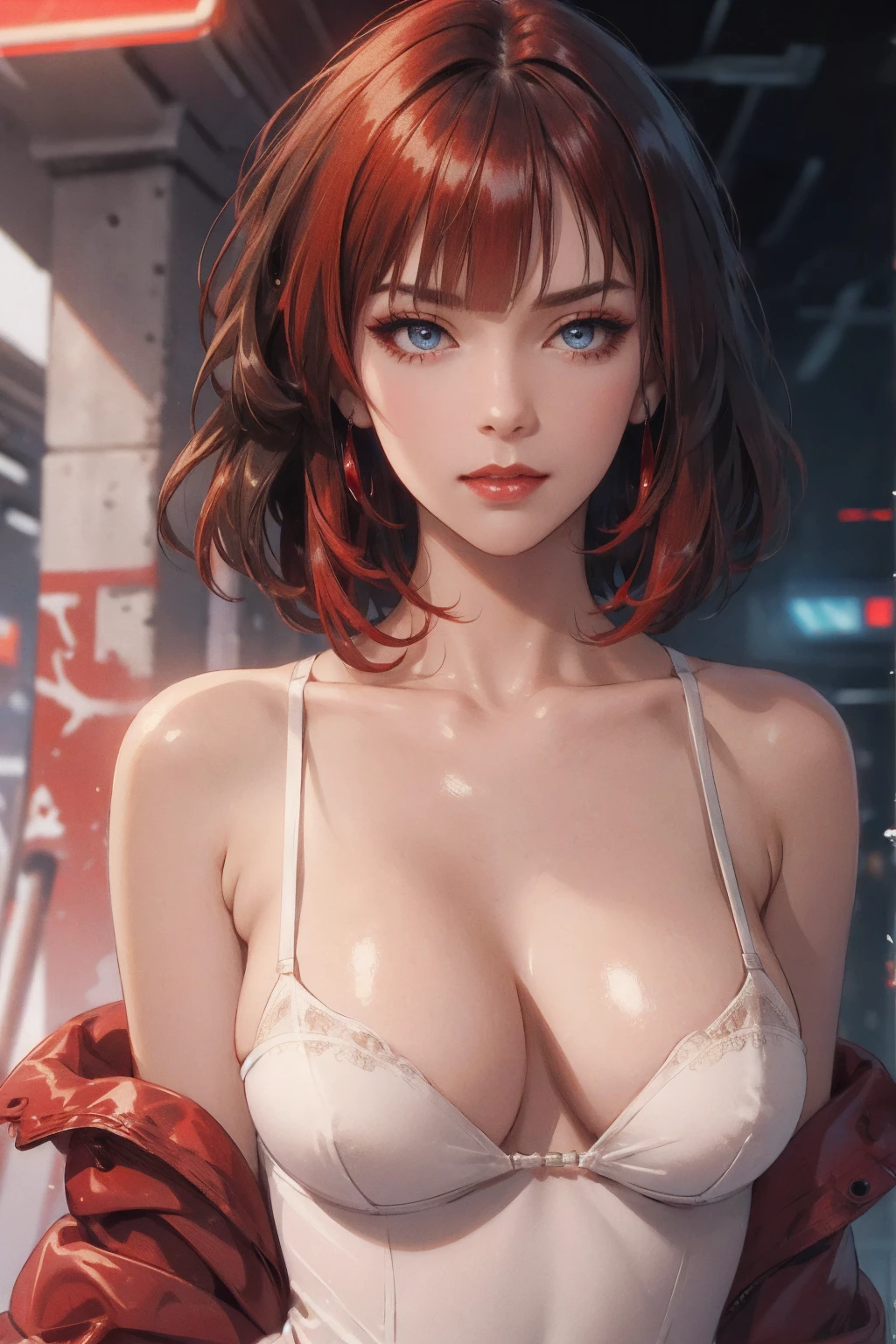 1girl,a beautiful fashion model ,(masterpiece, detailed background, best quality),short and shiny hair, red hair, hair with highlights, bangs, smirk,juicy lips,red lips, calmart, lingerie, stripping, elegant makeup, blue eyes, full body shot, (shiny skin), cyberpunk, sci fi, boa, extravagant jewelry, cocky expression, covered in jewelry, fancy, white dress, bra, thong, stripping