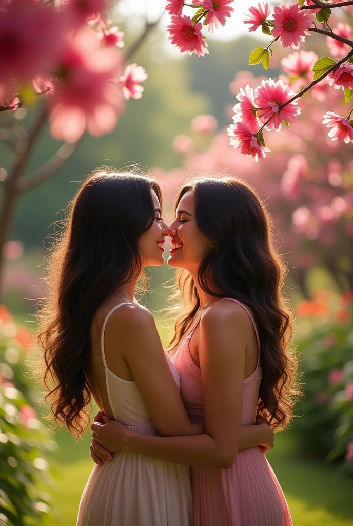 Imagine black haired lesbians and a brown haired white lesbian having sex in a garden full of pink flowers and sunshine