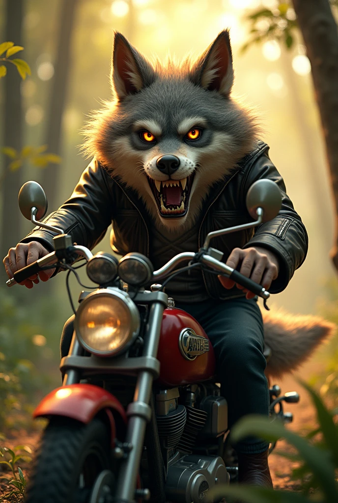 Create a werewolf biker who has a grey helmet, with a white shirt and a light blue denim jacket on top,  who drives a chopper style motorcycle. Also add some glasses for myopia 