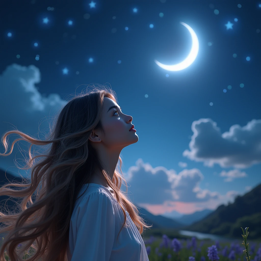 a beautiful detailed girl with long hair looking up at the night sky, (best quality,4k,8k,highres,masterpiece:1.2),ultra-detailed,(realistic,photorealistic,photo-realistic:1.37),HDR,UHD,studio lighting,ultra-fine painting,sharp focus,physically-based rendering,extreme detail description,professional,vivid colors,bokeh,digital painting,dramatic lighting,cinematic shot,glowing stars,crescent moon,ethereal atmosphere,elegant,serene,mystical,fantasy landscape
