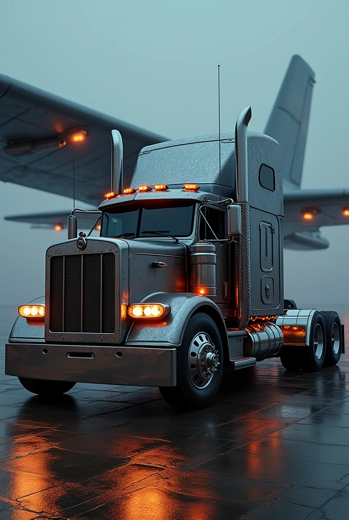 a large lorry truck with a plane wing attached to the body, hyper realistic, ultra detailed, 8k, photorealistic, dramatic lighting, cinematic, intricate machinery, complex engineering, chrome accents, futuristic design, metallic textures, glossy surfaces, dynamic pose, dramatic angle, matte painting style, moody atmosphere, gritty post-apocalyptic aesthetic, vibrant colors, deep shadows, warm highlights