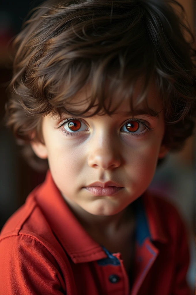 A boy in red eyes smooth hair