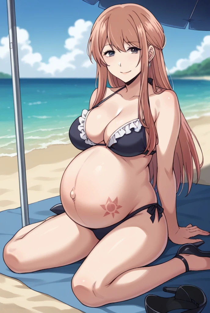 score_9, score_8_up, score_7_up, source_anime,
akaneminagawa, akane minagawa, long hair, bangs, brown hair, brown eyes, Big breasts,
Bikini, panties, Heels, big belly, large belly, Beach, background, rubing belly, smile,
looking at viewer, cowboy shot, solo, pregnant, possing, Sitting, strech marks, belly button, earrings,