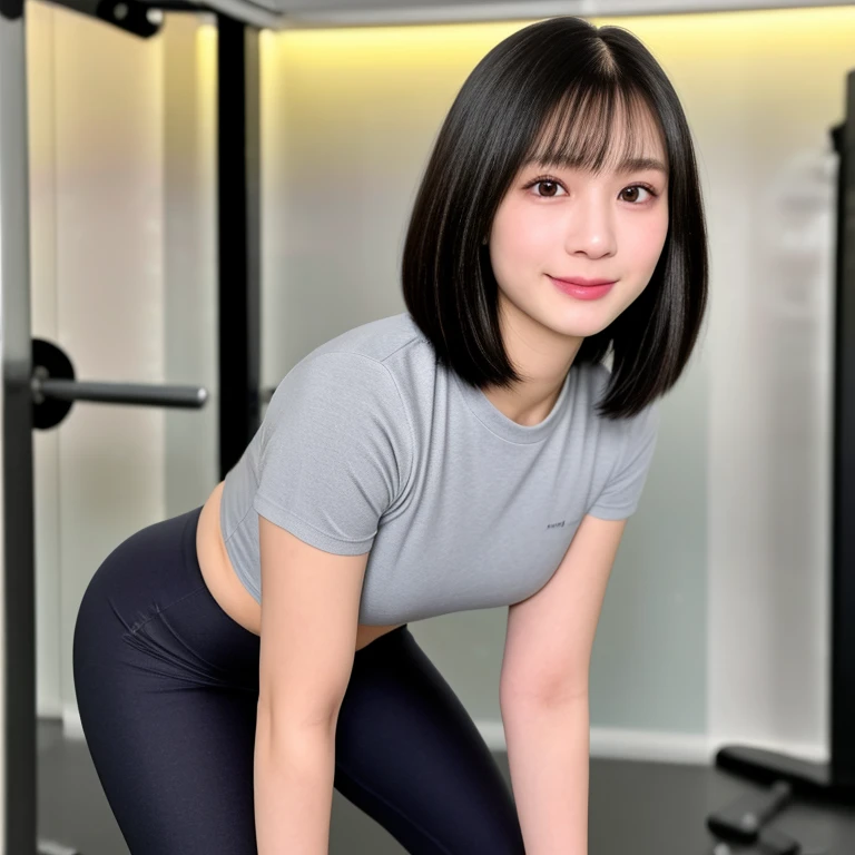 (kawaii 24 year-old Japanese girl, Nogizaka idol, Korean idol), healthy female athlete body, (glossy black hair, short hair, pixie cut, bangs:1.3), (rounded face, pure black eyes, single eyelid, no makeup, soft smile:1.2), (wearing training shirt, grey sports leggings:1.3), extra small breasts, well shaped hip, (slim waist, thigh gap:0.9), BREAK, (sports gym background:1.3), (looking at viewer, dynamic angle, close shot:1.2), BREAK, (masterpiece, best quality, photo realistic, official art:1.4), (UHD, 8K quality wallpaper, high resolution, raw photo, golden ratio:1.3), (shiny skin), professional lighting, physically based rendering, award winning, (highly detailed skin, extremely detailed face and eyes, anatomically correct body), Carl Zeiss 85 mm F/1.4, depth of field, 1girl, solo,