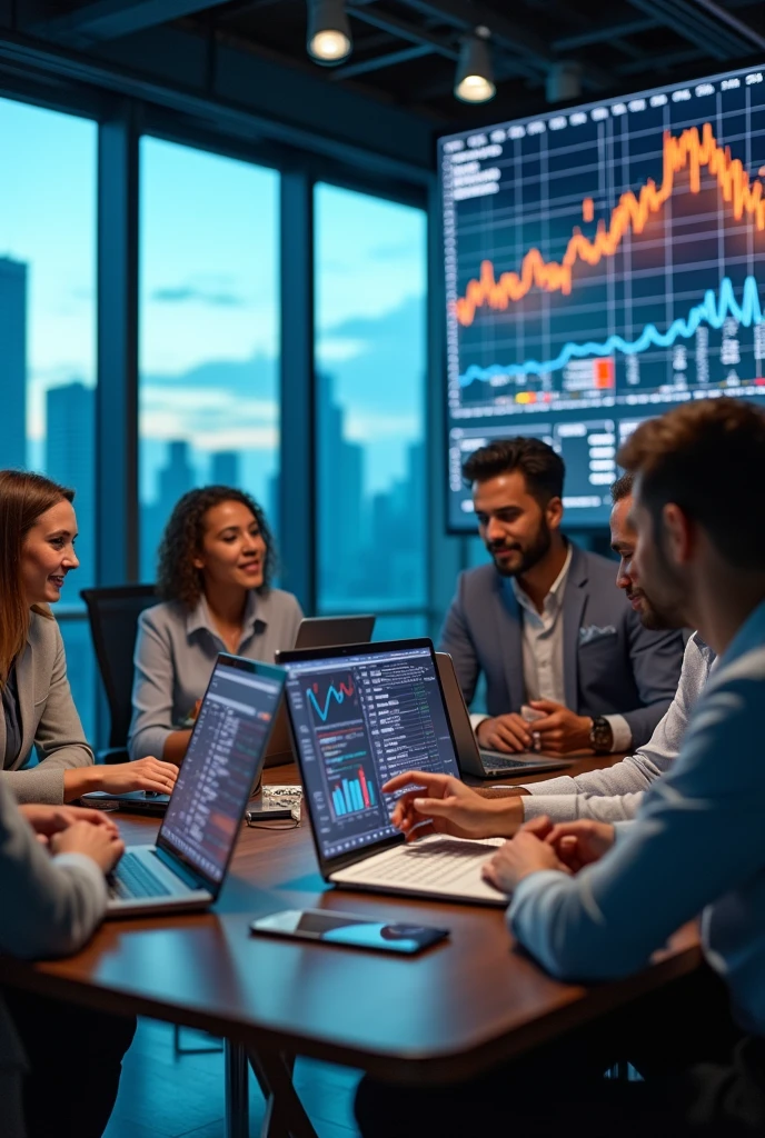 A group of people with computers and graphs calculating the price of various products