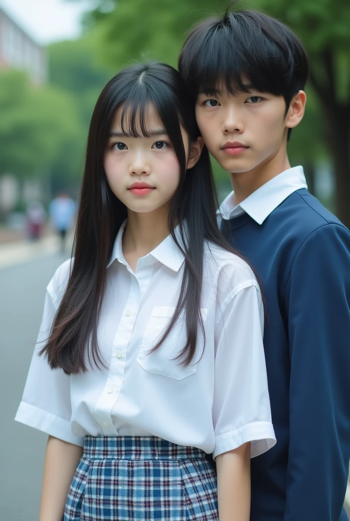 Japanese high school girl with straight black hair。

The uniform is a white shirt, giving it a realistic, photo-like feel.。
The skirt is checkered in light blue, navy blue, and gray.。
Her skirt is above the knees, her hair is waist-length, her bangs are neatly trimmed and cover her eyebrows, she has a troubled look on her face, she looks like a member of Nogizaka46, she is seen from the right diagonal, her height is 180cm。
A commemorative photo with a male friend who looks like a model. Both faces are visible, so it looks like a photograph.