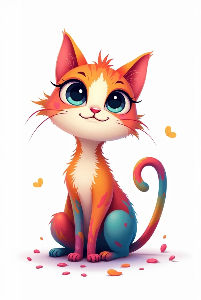 Design of illustrative logo featuring a cat in multicolored on a white background. Include highlights as an additional design element