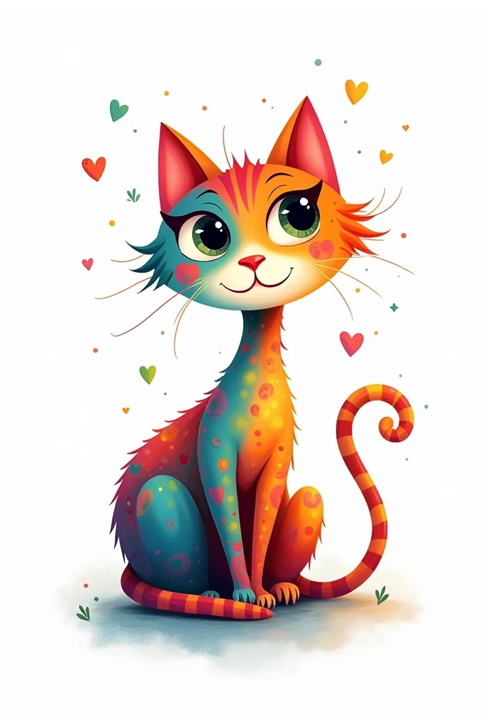 Design of illustrative logo featuring a cat in multicolored on a white background. Include highlights as an additional design element