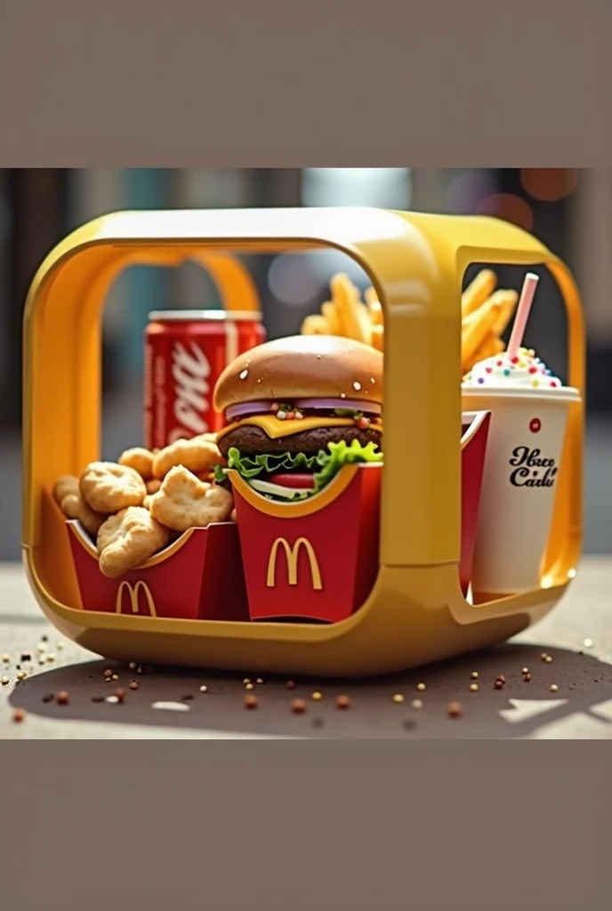 Créer moi une marque de nourriture qui s'appelle : Smart-food, ils servent leurs clients de la nourriture dans des conteneurs rectangulaire ou carré, transparent en plastique, avec des bords arrondis, a l'intérieur de cette boite, se trouve de plus petites boites individuelles, chacune de ces petites boites contiennent : 1 Burger, des frites, des nuggets, 1 Coca-Cola et un McFlurry, chaqun de ces aliments doivent au moins etre present sur l'image, et doit etre visible