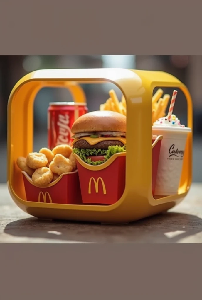 Créer moi une marque de nourriture qui s'appelle : Smart-food, ils servent leurs clients de la nourriture dans des conteneurs rectangulaire ou carré, transparent en plastique, avec des bords arrondis, a l'intérieur de cette boite, se trouve de plus petites boites individuelles, chacune de ces petites boites contiennent : 1 Burger, des frites, des nuggets, 1 Coca-Cola et un McFlurry, chaqun de ces aliments doivent au moins etre present sur l'image, et doit etre visible