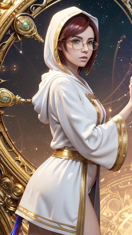 (masterpiece, top quality, Best quality, official art, beautiful and aesthetically pleasing:1.2),whole body, 1 girl, a priestess, short red hair, green eyes, wire frame glasses, split, (white revealing robe, Gold trim), (white hood:1.2), extremely detailed, colorful, perfect face, upper body, HDR, (light stripes), vivid visual effects, bright colors, temple background. (masterpiece, top quality, Best quality, official art, beautiful and aesthetically pleasing:1.2), extremely detailed,(fractal art:1.2),colorful,The most detailed, (dynamic pose), (abstract background:1.5), (Many colors:1.4). ((split. skin texture, Shiny skin. elegance. photorealism. unreal engine. 3D model. Ultra high quality textures. high detail. permission 8k))