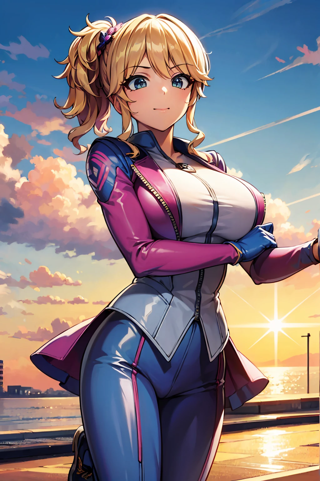 （（super high quality,Ultra-high resolution,16K,super masterpiece,Ultra HD,Ultra high definition,））One Girl,Pink Suit,a blue sky with clouds and sun,