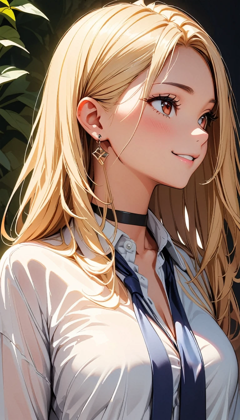 (Highest quality:1.2, Very detailed, Attention to detail, digital coloring, High Contrast, masterpiece:1.2, Highest quality, Best aesthetics), ((1 person)), blonde, Straight Long Hair, Red eyes, Earrings, Black choker, Collared shirt, Blue tie, smile, blush, Facing the cat, profile,Face Up Shot, Face to face with cats:1.2, Focus on profile.